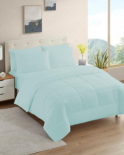 Dorm Room Essentials College Bedding Comforter Set 7 Piece Full Size Bed in a Bag for College Students Boys and Girls, Full, Aqua - LeafyLoom
