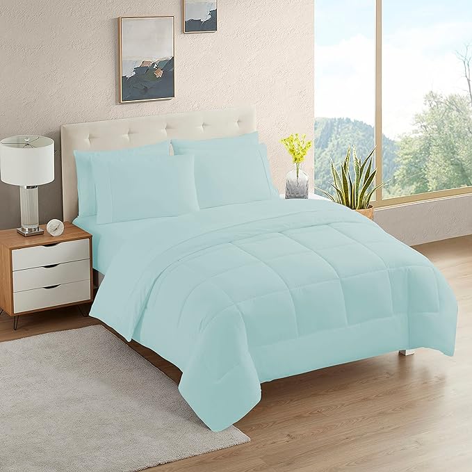 Dorm Room Essentials College Bedding Comforter Set 7 Piece Full Size Bed in a Bag for College Students Boys and Girls, Full, Aqua - LeafyLoom