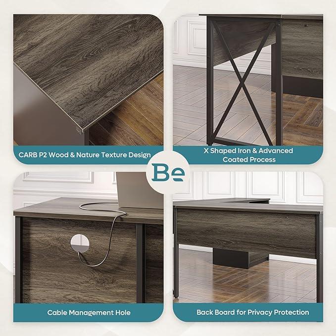 Bestier Lift Top L Shaped Desk with File Drawer, 55'' x 55'' Office Desk with Reversible Storage Drawers, L Shaped Standing Desk with Computer Monitor Stand (Retro Grey Oak Dark, 55'' x 55'') - LeafyLoom