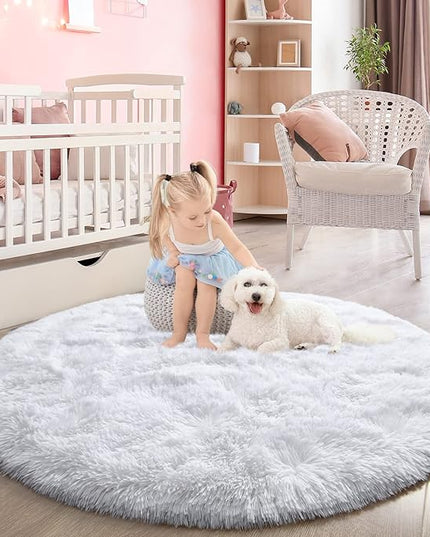 White Round Rug for Bedroom, Super Fluffy Circle Rugs for Baby Nursery, 5'X5' Feet Furry Carpet for Children Kids Room, Cute Soft Shaggy Rug for Girls Home Decor, Fuzzy Plush Carpets for Dorm - LeafyLoom