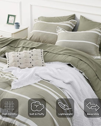 Bedsure Bed in a Bag King 7 Pieces, Olive Green White Striped Bedding Comforter Sets All Season Bed Set, 2 Pillow Shams, Flat Sheet, Fitted Sheet and 2 Pillowcases - LeafyLoom