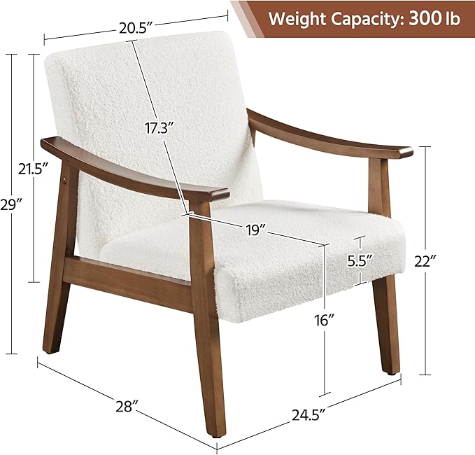 Yaheetech Fabric Accent Chair, Mid-Century Modern Armchair with Solid Wood Legs, Reading Leisure Chair with High Back for Living Room Bedroom Waiting Room,Ivory - LeafyLoom