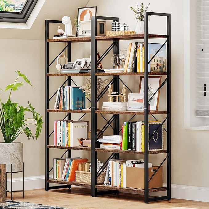DWVO Industrial Bookshelves and Bookcases, Storage Shelves Organizer Standing Shelf, Display Rack Book Shelves for Bedroom,Living Room,Office,Kitchen, Rustic Brown - LeafyLoom