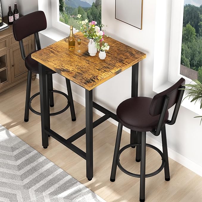Recaceik 3 Piece Pub Dining Set, Modern bar Table and Stools for 2 Kitchen Counter Height Wood Top Bistro Easy Assemble for Breakfast Nook Living Room Small Space Restaurant, Rustic Brown 24” - LeafyLoom