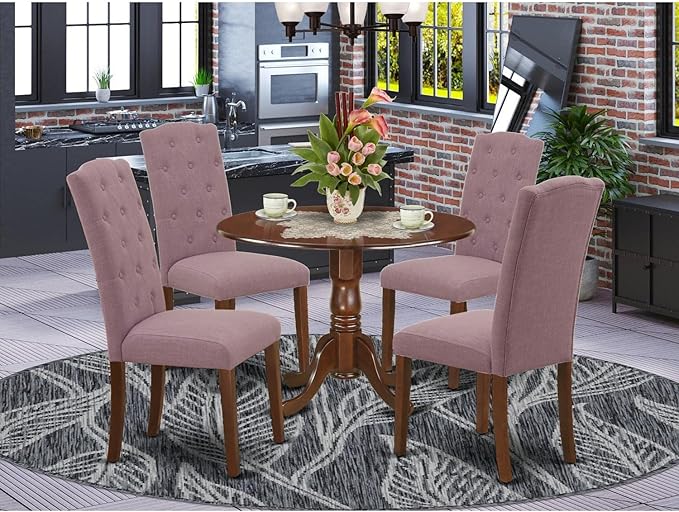 East West Furniture DLCE5-MAH-10 Dublin 5 Piece Room Set Includes a Round Kitchen Table with Dropleaf and 4 Dahlia Linen Fabric Parson Dining Chairs, 42x42 Inch, Mahogany - LeafyLoom