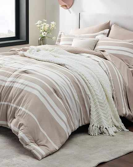Bedsure Bed in a Bag King Size 7 Pieces, Light Camel White Striped Bedding Comforter Sets All Season Bed Set, 2 Pillow Shams, Flat Sheet, Fitted Sheet and 2 Pillowcases - LeafyLoom