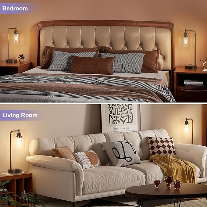 Innqoo Industrial Touch Table Lamps for Bedrooms Set of 2-3-Way Dimmable Lamps with USB C+A Ports and Outlet, Brown Bedside Lamps with Clear Glass Shade for Living Room, Desk Lamps for Home Office - LeafyLoom