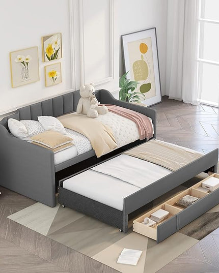 Twin Size Upholstered Daybed Sofa Bed with Trundle and 3 Storage Drawers, for Living Room and Bedroom, Grey - LeafyLoom