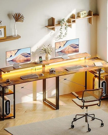 MOTPK Small Computer Desk with Led Lights & Power Outlet, 40 Inch Reversible Writing Desk with Shelves, Kids Desk with Adjustable Monitor Stand & Headphone Hook, Work Desk for Home Office, Brown - LeafyLoom