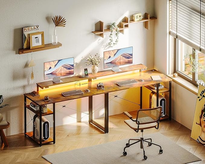 MOTPK Small Computer Desk with Led Lights & Power Outlet, 40 Inch Reversible Writing Desk with Shelves, Kids Desk with Adjustable Monitor Stand & Headphone Hook, Work Desk for Home Office, Brown - LeafyLoom