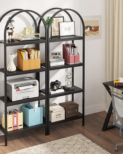 4-tier Arched Bookshelf, Tall Open Bookcase Storage Shelves, Wood Metal Freestanding Display Rack Tall Shelving Unit for Home Office, Bedroom, Living Room, Industrial Black - LeafyLoom
