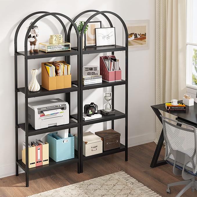 4-tier Arched Bookshelf, Tall Open Bookcase Storage Shelves, Wood Metal Freestanding Display Rack Tall Shelving Unit for Home Office, Bedroom, Living Room, Industrial Black - LeafyLoom