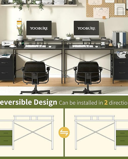 Yoobure Computer Desk, Gaming Desk with LED Lights & Power Outlets, Office Desk with Fabric File Cabinets, 55.1" Gaming Table with Long Monitor Stand, PC Gamer Desk with Drawers for Home office, Black - LeafyLoom