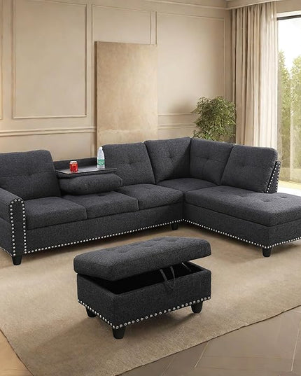 L Shaped Sofa with Ottoman Modern Sectional Living Room, Bedroom, Office, L Couch Nail-Head - LeafyLoom