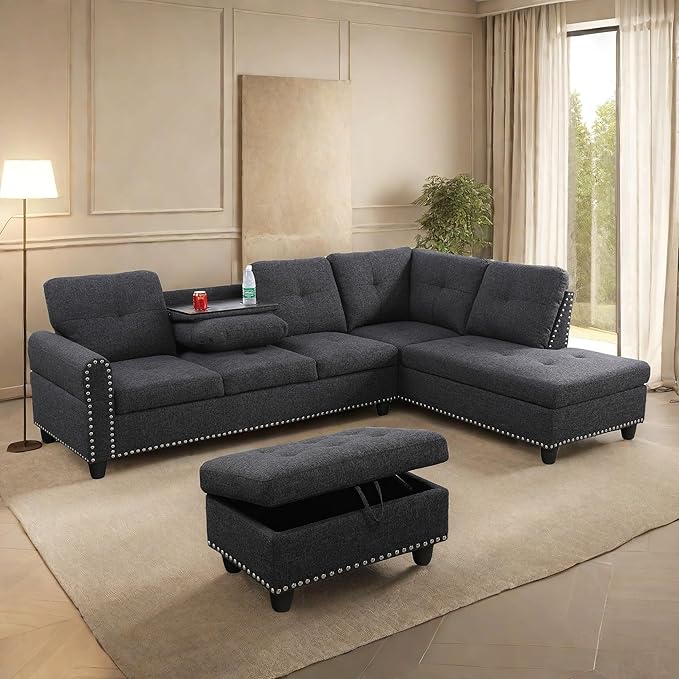 L Shaped Sofa with Ottoman Modern Sectional Living Room, Bedroom, Office, L Couch Black Grey - LeafyLoom