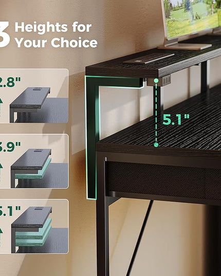 Gaming Desk with 6 Drawers, Computer Desk with LED Lights Power Outlets and Type-C, 39 Inch Office Desk with Storage, Monitor Stand, Writing Desk Work Desk Home Office, Bedroom, Study, Black - LeafyLoom