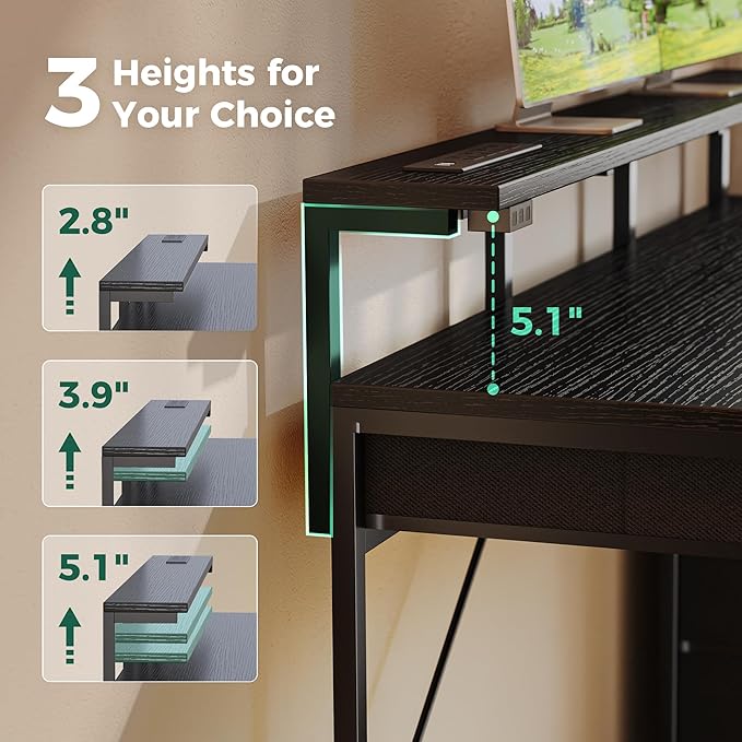 Gaming Desk with 6 Drawers, Computer Desk with LED Lights Power Outlets and Type-C, 39 Inch Office Desk with Storage, Monitor Stand, Writing Desk Work Desk Home Office, Bedroom, Study, Black - LeafyLoom