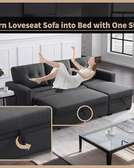 4-in-1 Convertible Pull Out Modular Sectional Sofa Bed for Living Room Furniture Sets, L Shaped Comfy Couch with Reversible Storage Chaise Upholstered for Apartment, Studio, Office, Dark Gray-2 - LeafyLoom