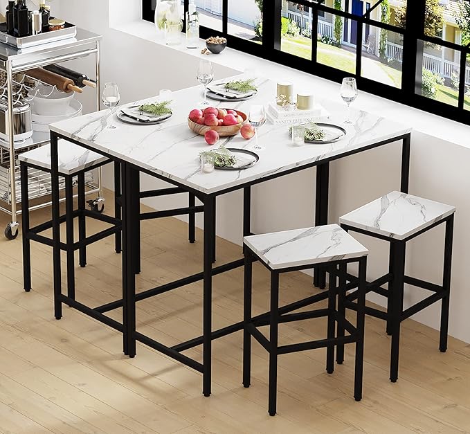 Yongchuang 3 Piece Bar Table Set, Bar Table and Chairs Set of 2, Modern Counter Height Table with 2 Stools for Kitchen, Dining Room, Living Room Breakfast Table White Faux Marble Wood Top - LeafyLoom