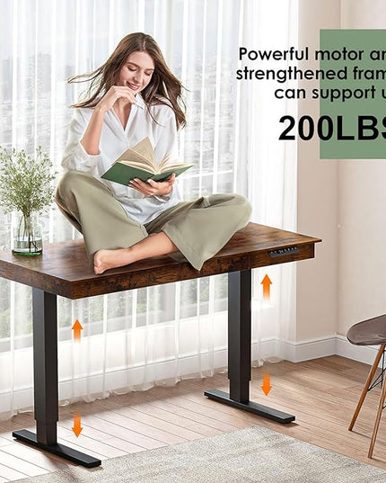 Electric Standing Desk with Drawer,48 x 24 Inches Standing Desk Adjustable Height Desk with 12W Wireless Charging,One-Piece Wooden Desktop Sit Stand Up Desk, Memory Home Office Desks - LeafyLoom
