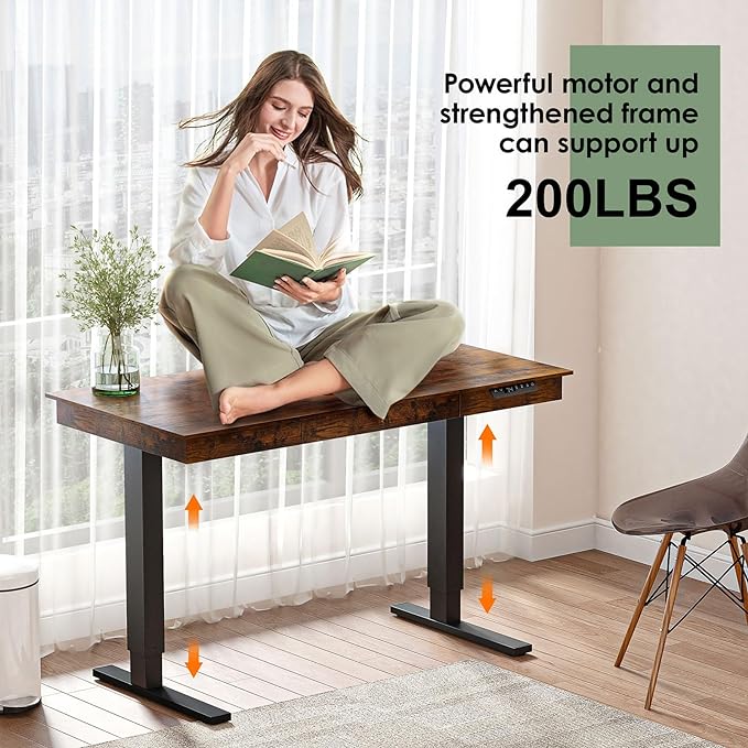 Electric Standing Desk with Drawer,48 x 24 Inches Standing Desk Adjustable Height Desk with 12W Wireless Charging,One-Piece Wooden Desktop Sit Stand Up Desk, Memory Home Office Desks - LeafyLoom