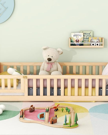 Multifunctional Twin Size Floor Bed with Safety Guardrails and Door, Removable Wood Slats, Montessori Beds Frame for Toddlers, Easy Assembly, for Boys and Girls Room, Natural - LeafyLoom