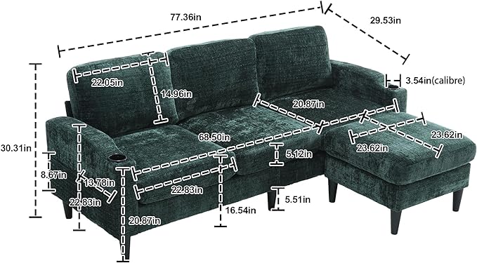 Convertible Sectional Sofa with Movable Storage Ottoman and Cupholders, 3 Seater L-Shaped Corner Couch,Chenille Upholstered Furniture w/Detachable Thicked Cushions for Living Room, Small Space - LeafyLoom