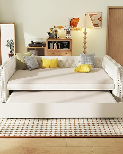 Full Size Daybed, Upholstered Tufted Sofa Bed with Trundle, Daybed with Button & Copper Nail on Square Arms, Full Daybed with Twin Trundle, White - LeafyLoom