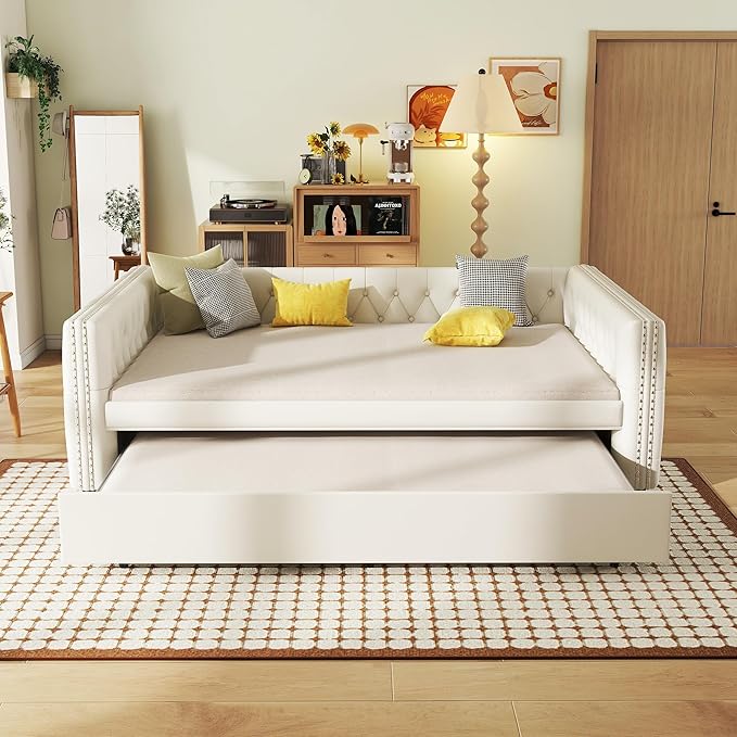 Full Size Daybed, Upholstered Tufted Sofa Bed with Trundle, Daybed with Button & Copper Nail on Square Arms, Full Daybed with Twin Trundle, White - LeafyLoom