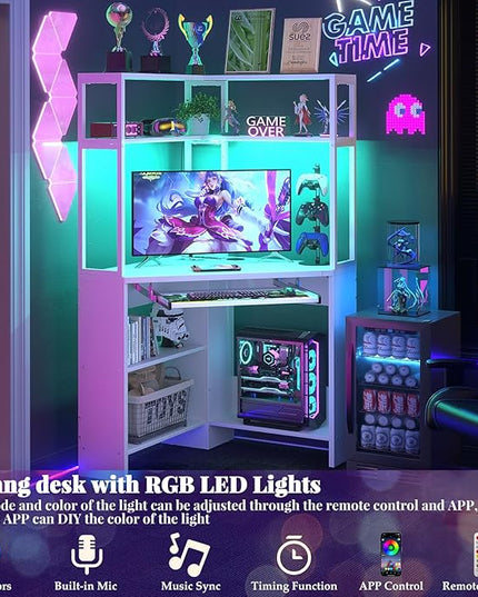 Cyclysio Small Corner Desk with Hutch, Heavy Duty Corner Computer Desk with Power Outlets & LED Light, Triangle Corner Gaming Desk with Keyboard Tray for Home Office, Small Space, Workstation White - LeafyLoom