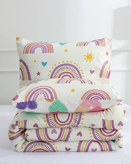 Btargot Lightweight Soft 3 Piece Rainbow Comforter Set with 2 Pillow Covers, Cartoon Love Hearts Suns and Stars Bedding Set for Girls Boys Kids, Full Purple - LeafyLoom
