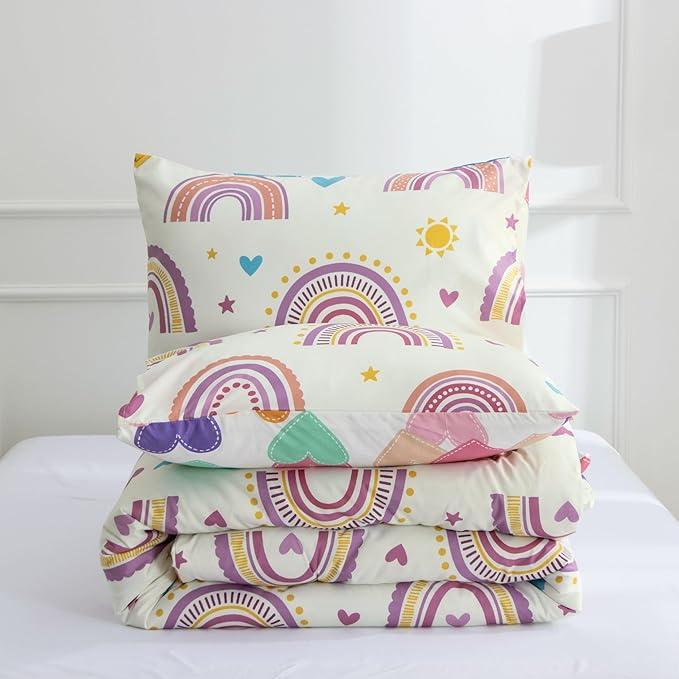 Btargot Lightweight Soft 3 Piece Rainbow Comforter Set with 2 Pillow Covers, Cartoon Love Hearts Suns and Stars Bedding Set for Girls Boys Kids, Full Purple - LeafyLoom