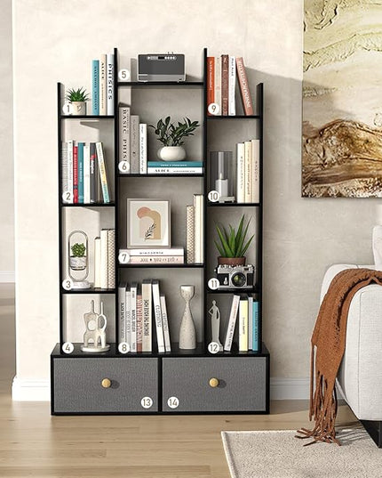 Unikito Book Shelf with 2 Drawers Free Standing Bookcase, Office Storage Shelf Organizer with 12 Open Bookshelf, Industrial Wood Book Case Display Rack for Bedroom, Living Room Home Office, Black - LeafyLoom