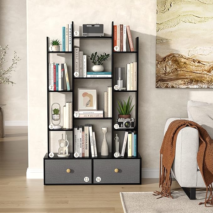 Unikito Book Shelf with 2 Drawers Free Standing Bookcase, Office Storage Shelf Organizer with 12 Open Bookshelf, Industrial Wood Book Case Display Rack for Bedroom, Living Room Home Office, Black - LeafyLoom
