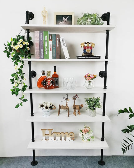 Ladder Pipe Shelves, Wall Mounted Industrial Shelves for Living Room Storage (White, 5 Tier - 10" D x 36" W x 70" H) - LeafyLoom
