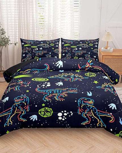 NINENINE Dark Blue Dinosaur Bedding Sets for Kids Boys,Retro Dinosaur Bedding Comforter,Full Size Bedding Sets for Boys Kids, with 1 Comforter 2 Pillowcases… - LeafyLoom