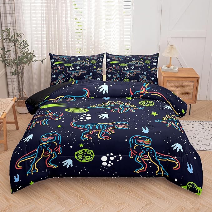 NINENINE Dinosaur Bedding Sets for Boys Kids,Dark Blue Retro Dinosaur Comforter Set,Queen Size Comforter Sets for Kids,with 1 Comforter 2 Pillowcases… - LeafyLoom