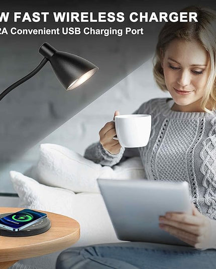 Desk Lamp with Wireless Charger, 12W 1000LM Touch Dimmable Reading Lamp with USB Charging Port, 5 Colors 6 Brightness Eye Care Bedside Table Lamp Gooseneck Desk Light for Home Office - LeafyLoom