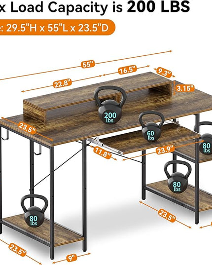 Computer Desk with Keyboard Tray, 55 Inch Music Studio Desk Music Production Desk with Storage Shelves Monitor Stands and 4 Iron Hooks, Desk Workstation Gaming Table for Home Office - LeafyLoom