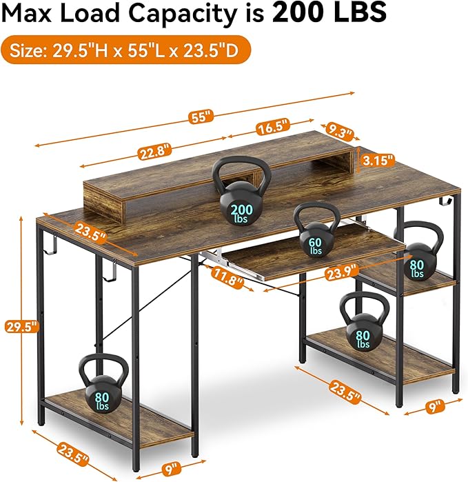 Computer Desk with Keyboard Tray, 55 Inch Music Studio Desk Music Production Desk with Storage Shelves Monitor Stands and 4 Iron Hooks, Desk Workstation Gaming Table for Home Office - LeafyLoom