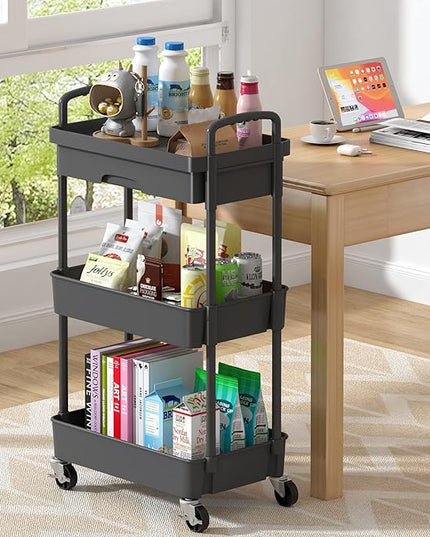3-Tier Rolling Cart，Trolley with Drawer, Multifunctional Storage Organizer with Plastic Shelf & Metal Wheels, Kitchen Storage Cart for Living Room, Kitchen, Office, Bathroom, Black - LeafyLoom