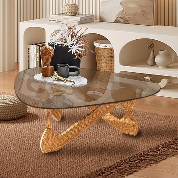 Triangle Coffee Table Glass Coffee Table for Living Room Clear Glass Coffee Table with Solid Wood Base Mid Century Modern Coffee Table for Small Spaces (Wood-Brown, 32.3in) - LeafyLoom