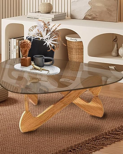 Triangle Coffee Table Glass Coffee Table for Living Room Clear Glass Coffee Table with Solid Wood Base Mid Century Modern Coffee Table for Small Spaces (Wood-Brown, 44.9in) - LeafyLoom