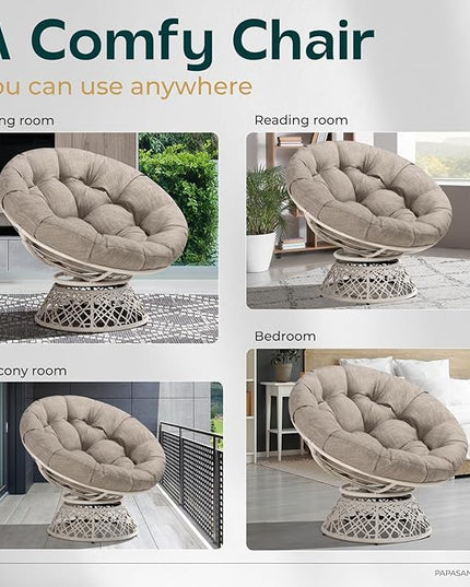 Bme 40" Ergonomic Wicker Papasan Chair with Soft Thick Density Fabric Cushion, High Capacity Steel Frame, 360 Degree Swivel for Living, Bedroom, Reading Room, Lounge - LeafyLoom