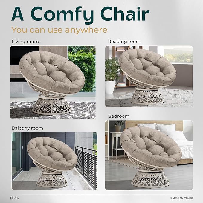 Bme 40" Ergonomic Wicker Papasan Chair with Soft Thick Density Fabric Cushion, High Capacity Steel Frame, 360 Degree Swivel for Living, Bedroom, Reading Room, Lounge - LeafyLoom