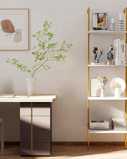 Ladder Shelf 4 Tiers Metal Industrial Bookshelf,White Marble Wood Tall Open Storage Rack and Display Shelves,Wall Mount Wide Book Case for Home Office Bedroom,Small - LeafyLoom