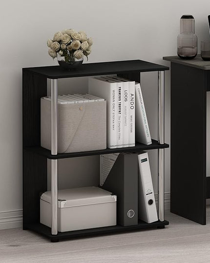 Furinno Jaya Simple Design 3-Tier Bookcase/Bookshelf/Display Rack with Stainless Steel Tubes, Americano - LeafyLoom