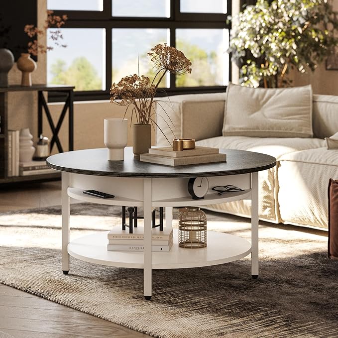 FABATO Round Lift Top Coffee Table with Storage and Hidden Compartment, 26.77'' Farmhouse Coffee Table for Living Room Reception Room, 2 Tier Small Round Coffee Table Circle Dining Table, White - LeafyLoom