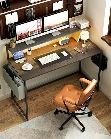 Yoobure Computer Desk with Power Outlets Fast Charging Type-C Included, Gaming Desk with LED Lights, 47" Office Desk with Adjustable Monitor Stand, Small Desk Home Office Desks with Storage Bag & Hook - LeafyLoom