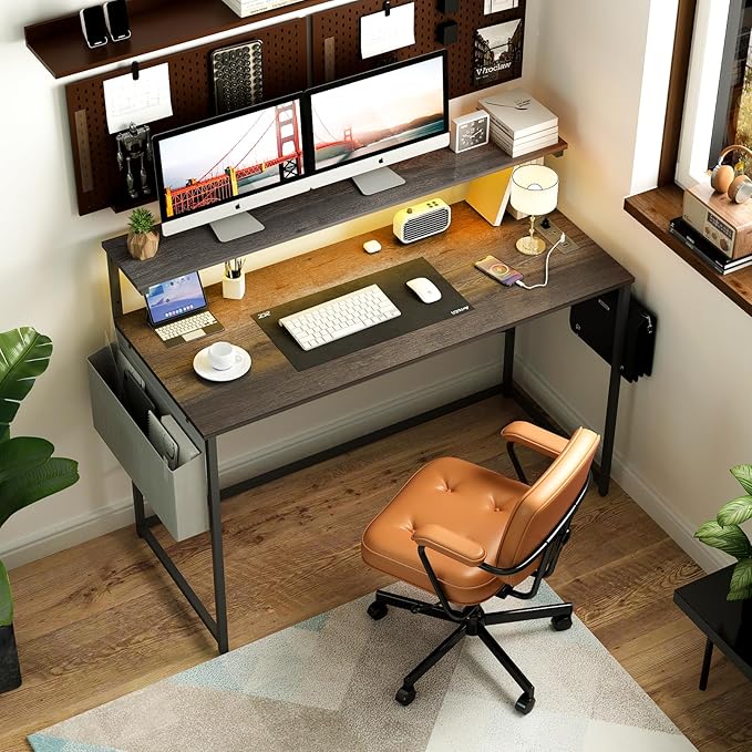 Yoobure Computer Desk with Power Outlets Fast Charging Type-C Included, Gaming Desk with LED Lights, 47" Office Desk with Adjustable Monitor Stand, Small Desk Home Office Desks with Storage Bag & Hook - LeafyLoom